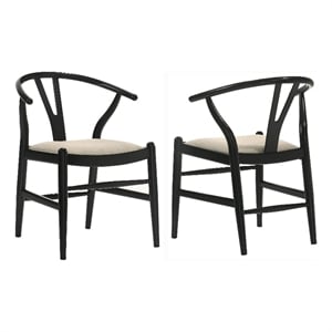 Ellie Wishbone Dining Chair Set of 2- Beige Fabric- Black Hardwood