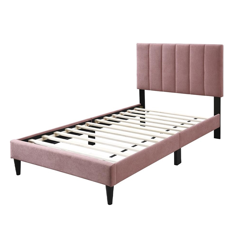 Lilian Twin Size Bed- Blush Pink Linen Upholstery- Channel Tufted