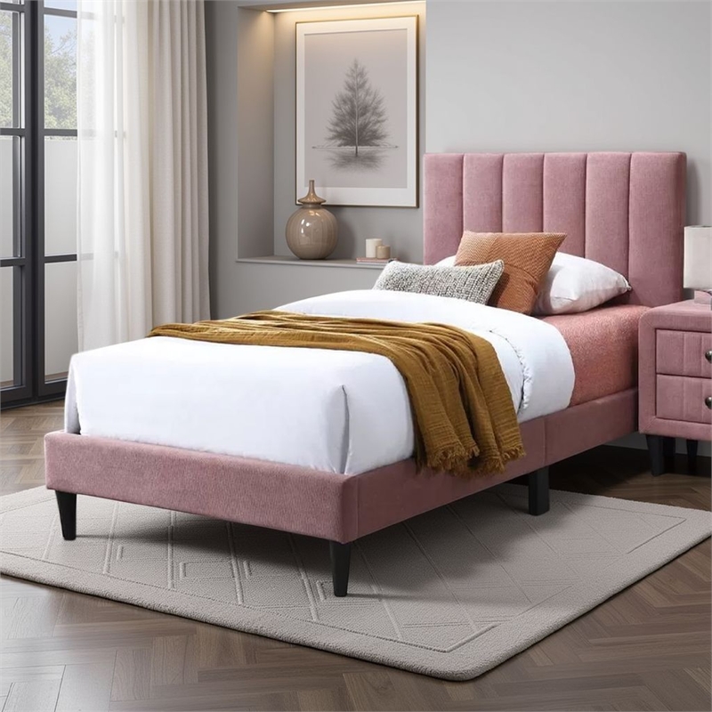 Lilian Twin Size Bed- Blush Pink Linen Upholstery- Channel Tufted