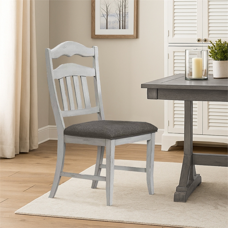 Zeke Dining Chairs-Set of 2-Ladder Back-Classic White Wood-Gray Fabric