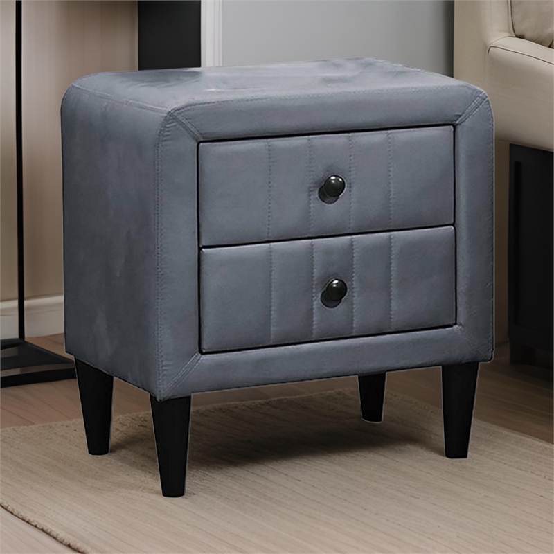 Rheo Nightstand- 2 Drawers- 22 Inch Upholstered in Dark Gray Velvet