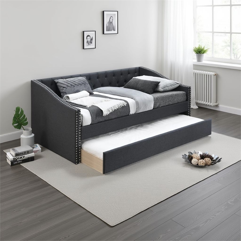 Daybed Sofa w Slats n Trundle Bed- Nailhead Trim- Charcoal Gray Fabric
