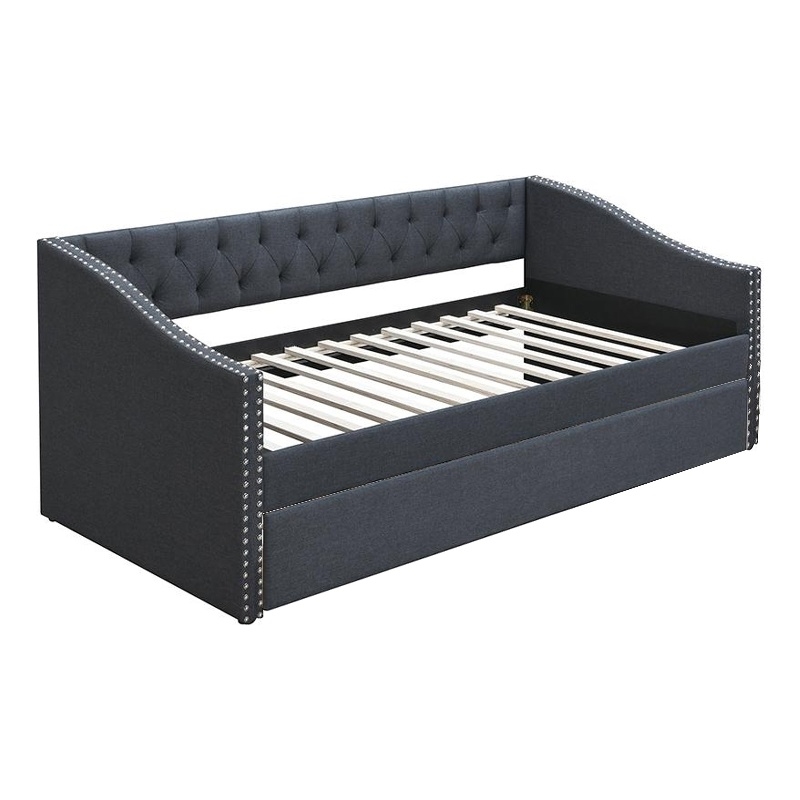 Daybed Sofa w Slats n Trundle Bed- Nailhead Trim- Charcoal Gray Fabric