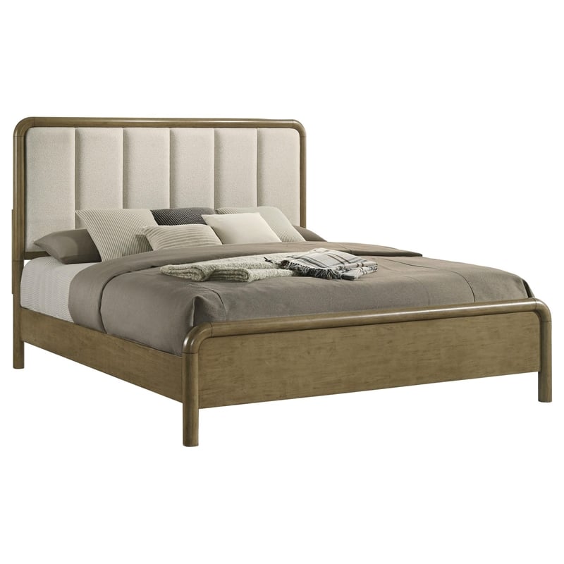 Deon Queen Bed- Vertical Channel Tufted Beige Boucle Upholstery- Brown