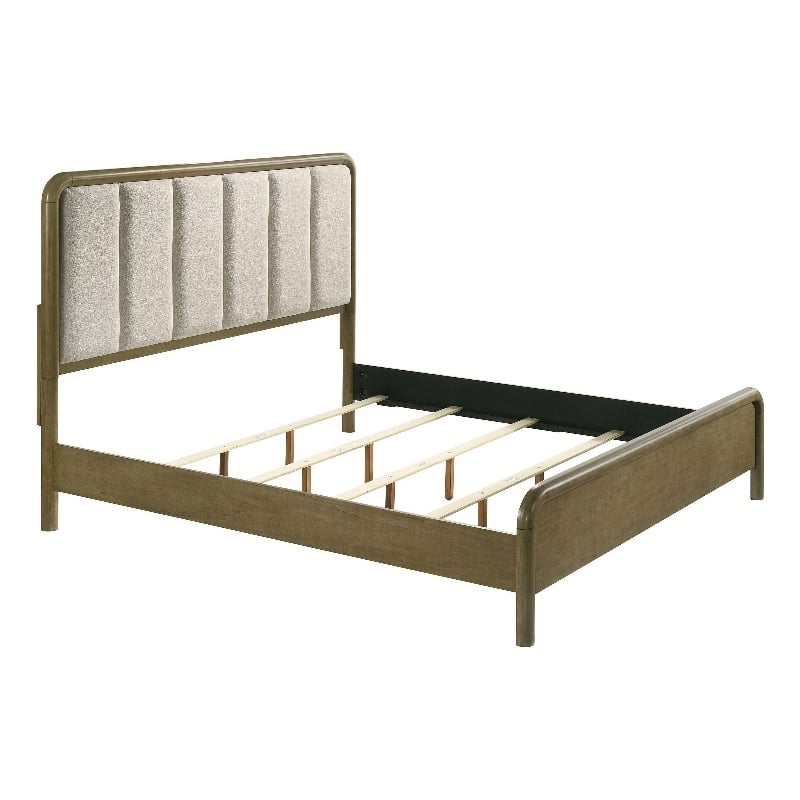 Deon Queen Bed- Vertical Channel Tufted Beige Boucle Upholstery- Brown