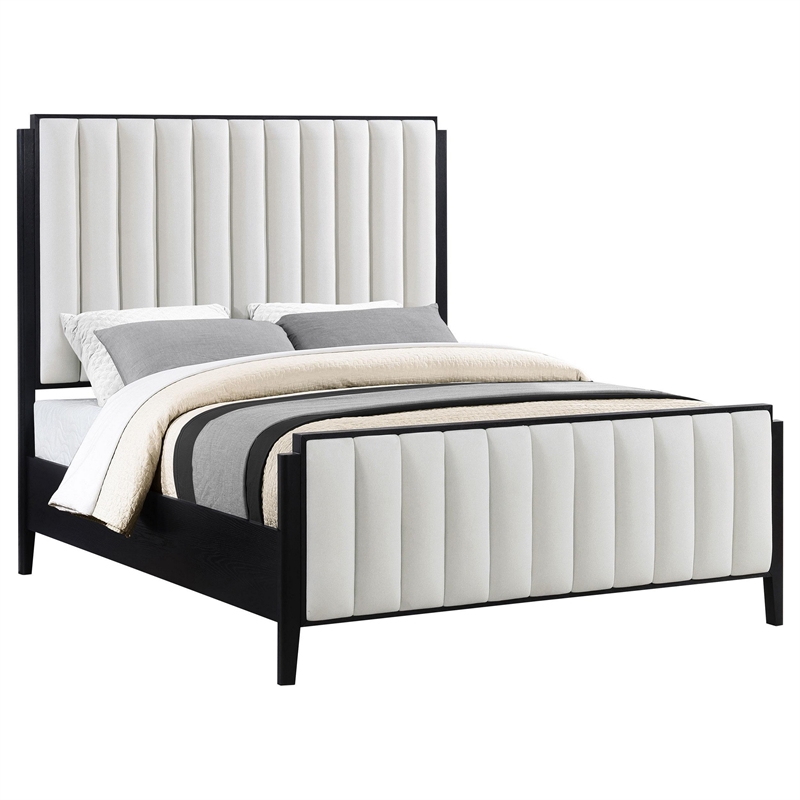Jack Queen Size Bed- Channel Tufted Ivory Upholstery- Black Wood