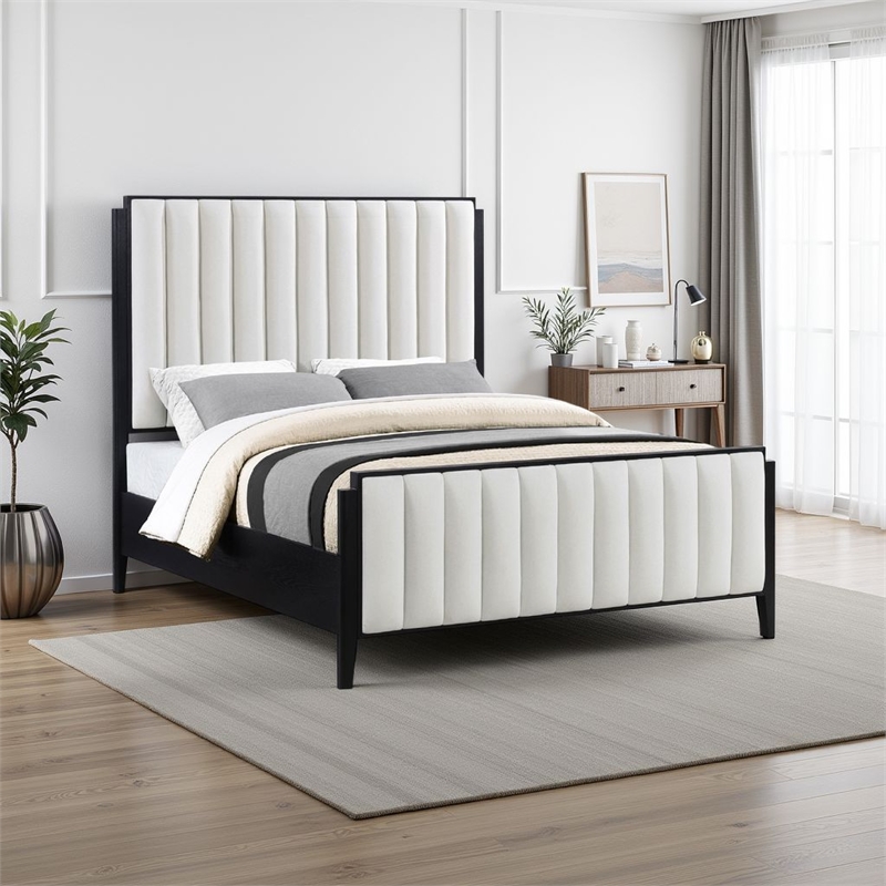 Jack Queen Size Bed- Channel Tufted Ivory Upholstery- Black Wood
