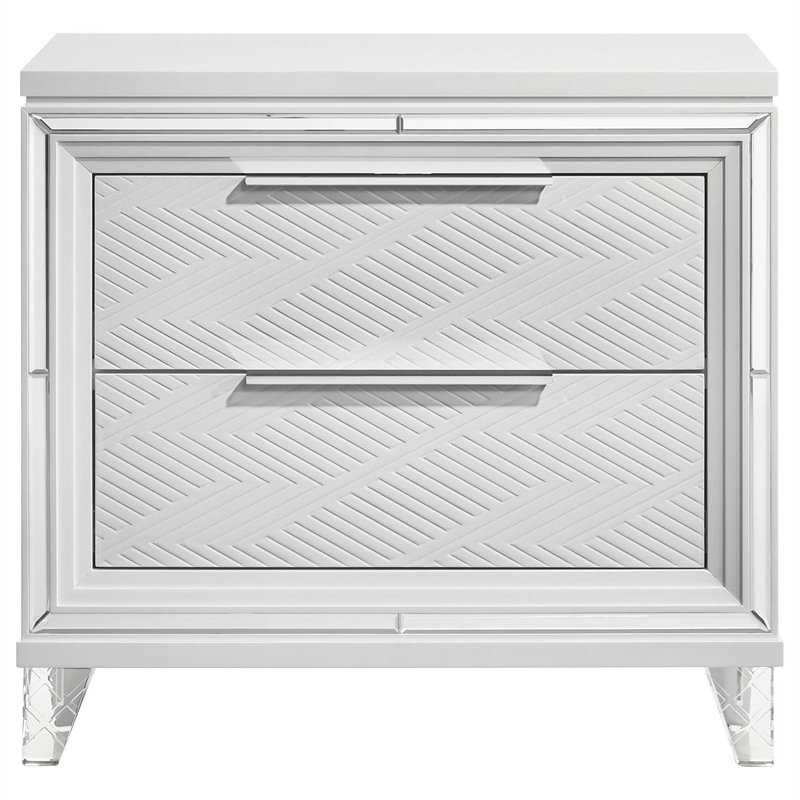 Mory Nightstand- 2 Drawers- Embossed Herringbone Pattern White- Chrome