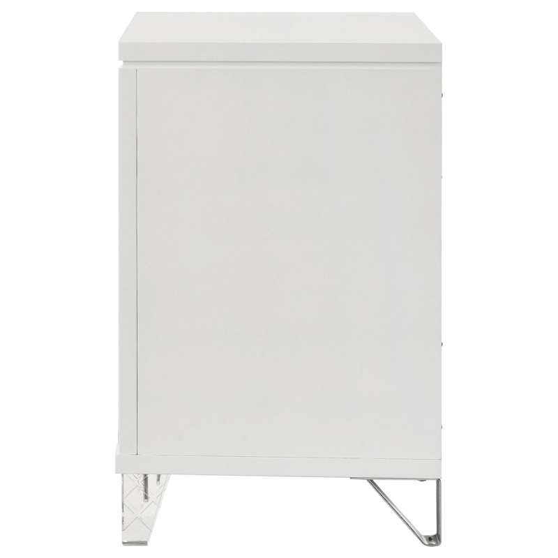Mory Nightstand- 2 Drawers- Embossed Herringbone Pattern White- Chrome
