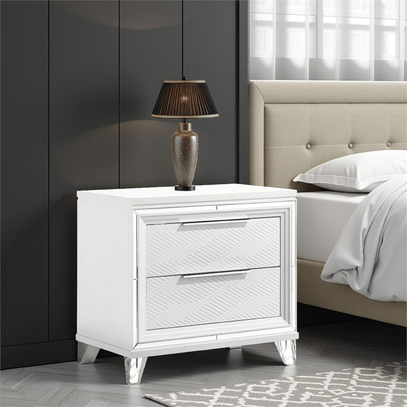 Mory Nightstand- 2 Drawers- Embossed Herringbone Pattern White- Chrome