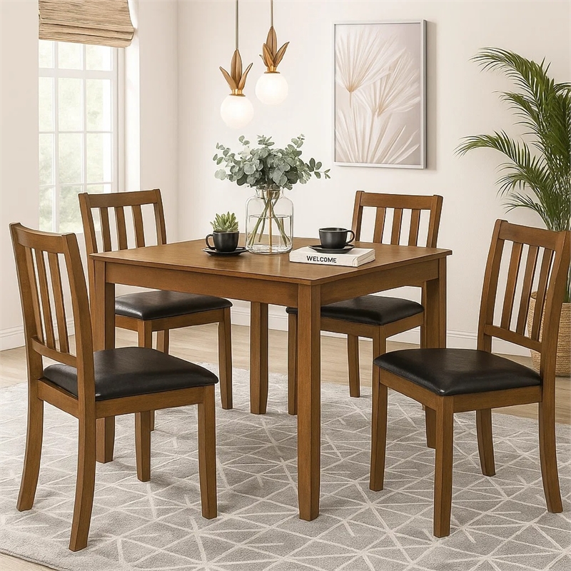 Panos 5pc Dining Table Set with 4 Chairs- Brown- Black Faux Leather