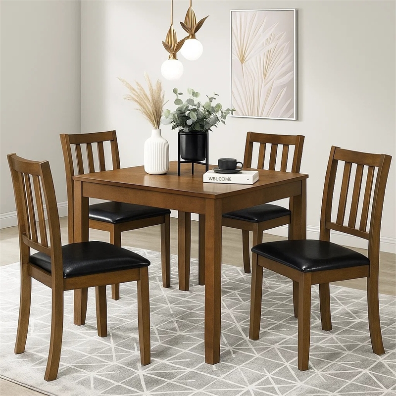 Panos 5pc Dining Table Set with 4 Chairs- Brown- Black Faux Leather