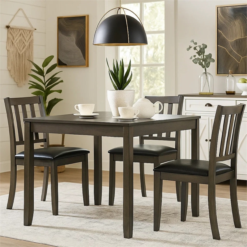 Panos 5pc Dining Table Set with 4 Chairs- Gray- Black Faux Leather