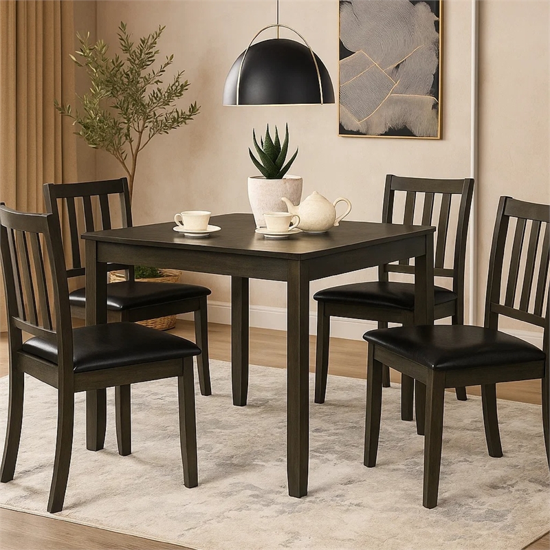 Panos 5pc Dining Table Set with 4 Chairs- Gray- Black Faux Leather