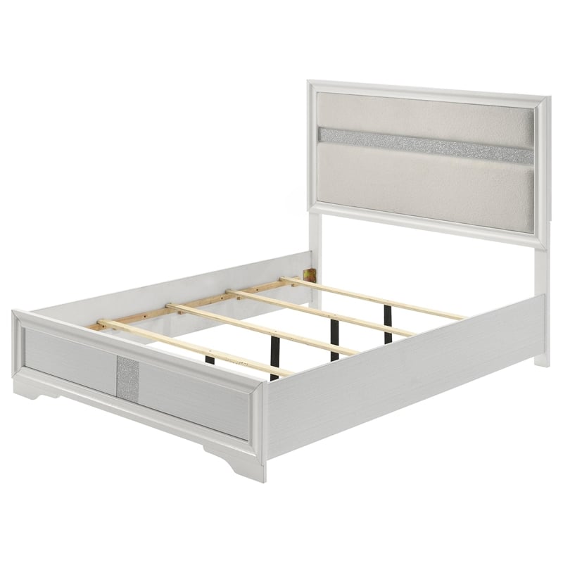 Vino Queen Size Bed- Panel Headboard White Upholstery- Glitter Stripe