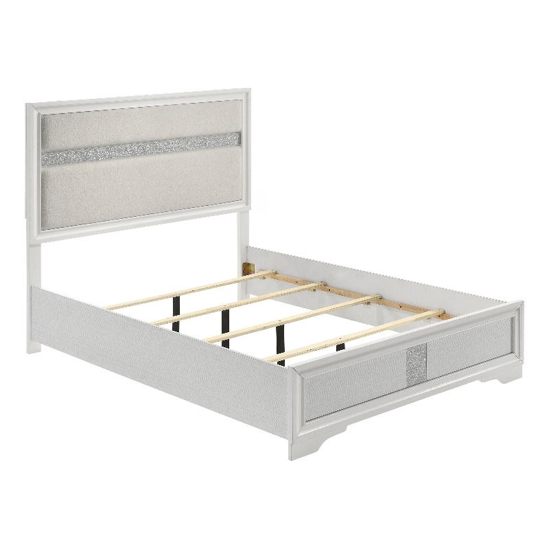 Vino Queen Size Bed- Panel Headboard White Upholstery- Glitter Stripe