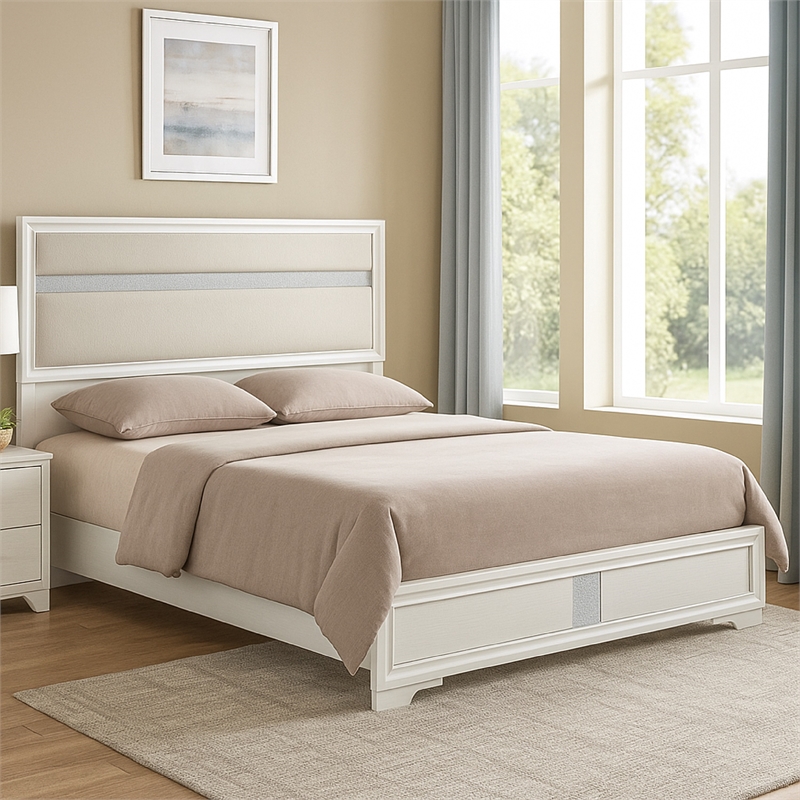 Vino King Size Bed- Panel Headboard- White Upholstery- Glitter Stripes