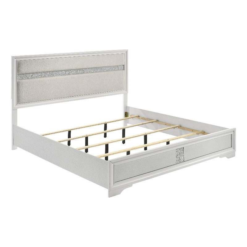 Vino King Size Bed- Panel Headboard- White Upholstery- Glitter Stripes