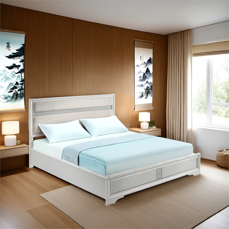 Vino California King Size Bed- Panel White Upholstery- Glitter Stripe