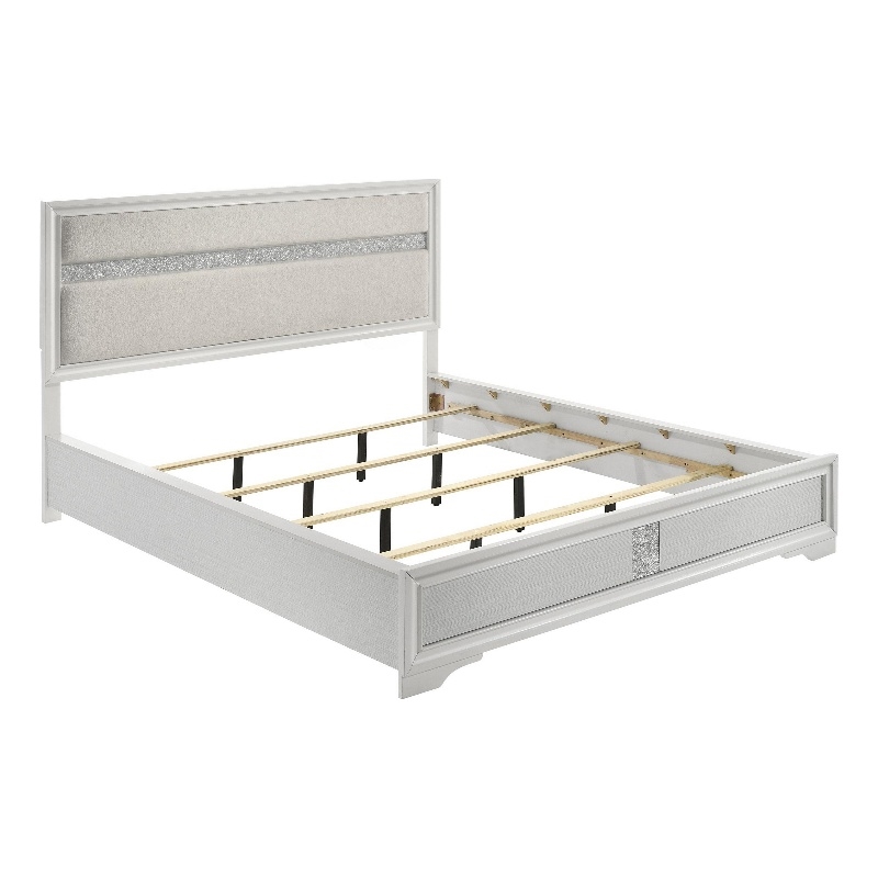Vino California King Size Bed- Panel White Upholstery- Glitter Stripe
