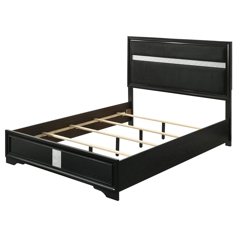 Vino Queen Size Bed- Panel Headboard- Black Upholstery- Glitter Stripe