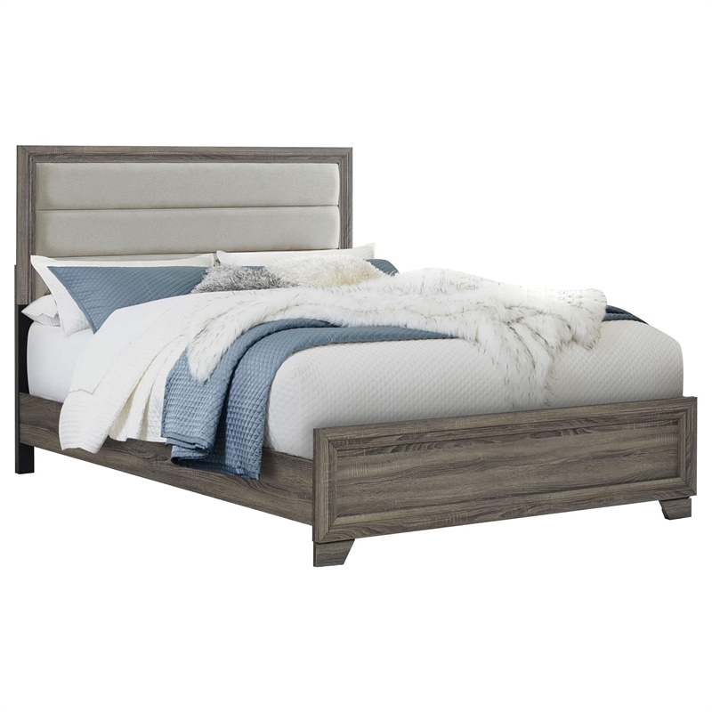 Reay Queen Size Bed- Panel Headboard- Brown Wood Tufted Tan Upholstery