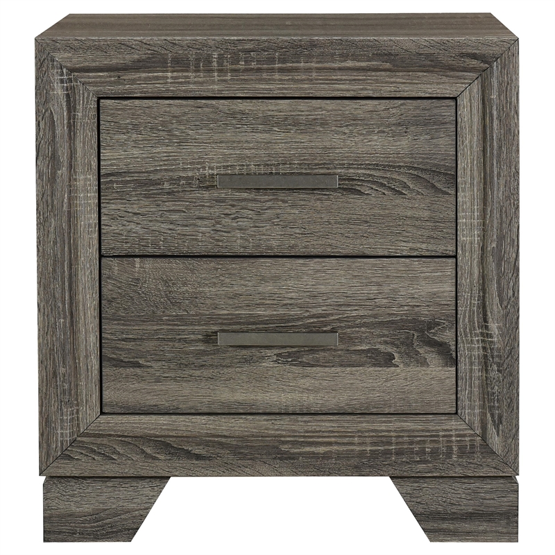 Reay Nightstand- Brown Oak Finish- 2 Drawers Silver Metal Bar Handles