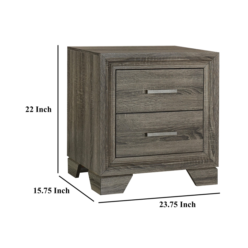 Reay Nightstand- Brown Oak Finish- 2 Drawers Silver Metal Bar Handles