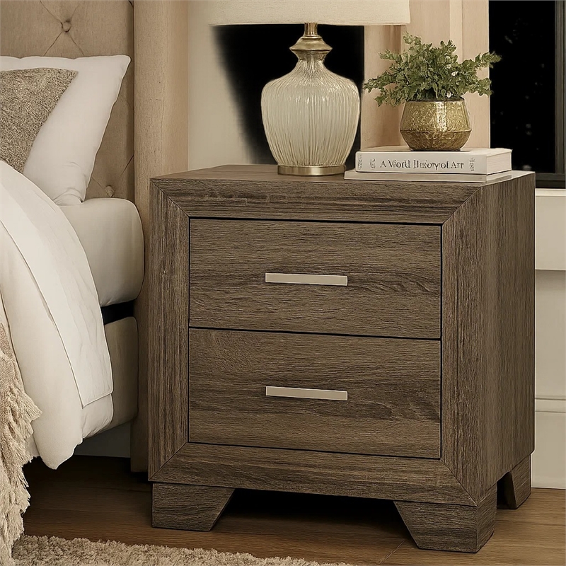 Reay Nightstand- Brown Oak Finish- 2 Drawers Silver Metal Bar Handles