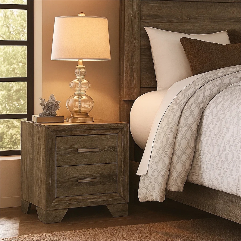 Reay Nightstand- Brown Oak Finish- 2 Drawers Silver Metal Bar Handles