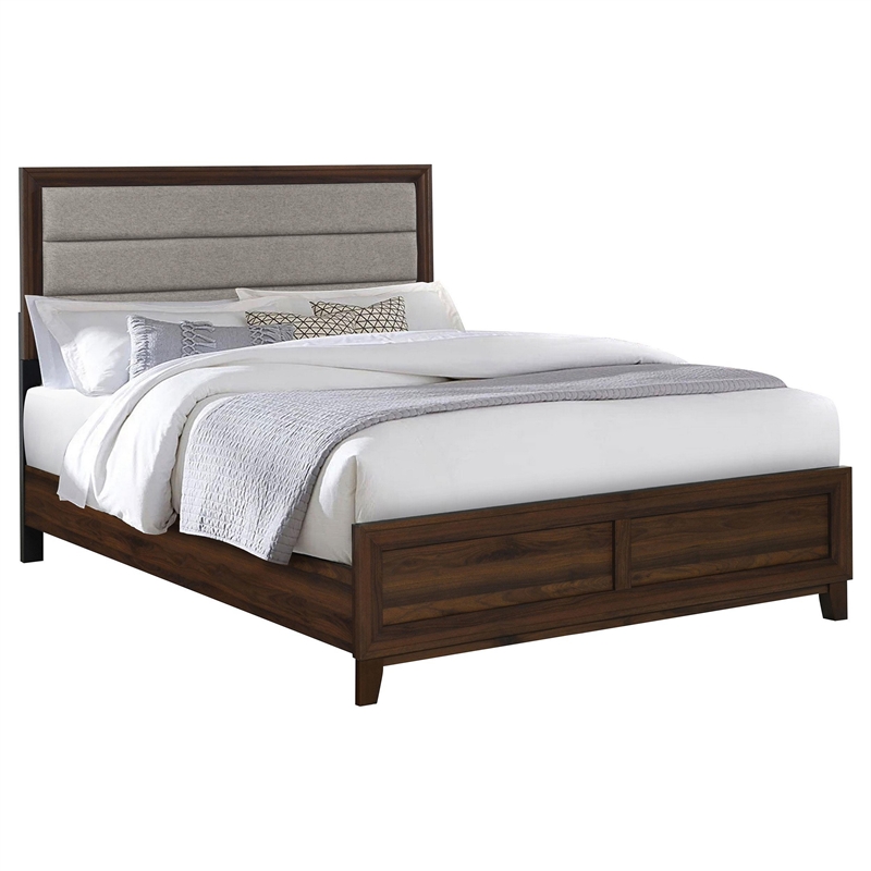 Yels Queen Size Bed- Channel Tufted Taupe Upholstery- Dark Brown Wood