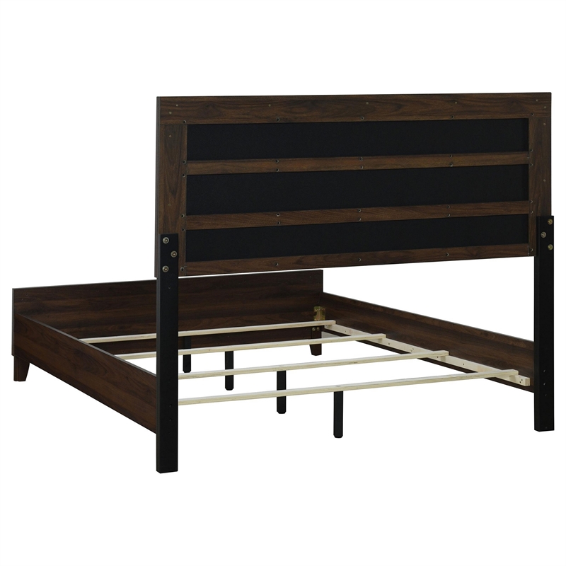 Yels Queen Size Bed- Channel Tufted Taupe Upholstery- Dark Brown Wood