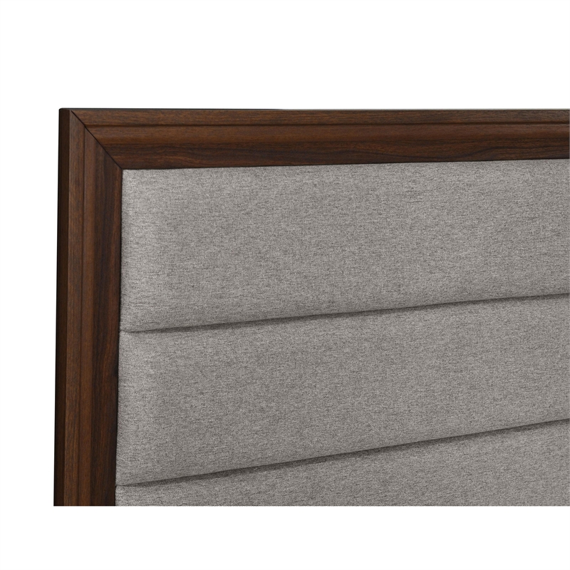 Yels Queen Size Bed- Channel Tufted Taupe Upholstery- Dark Brown Wood