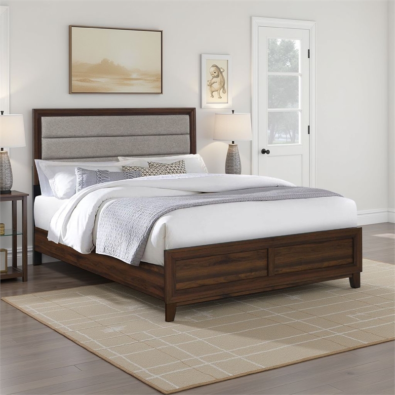 Yels Queen Size Bed- Channel Tufted Taupe Upholstery- Dark Brown Wood