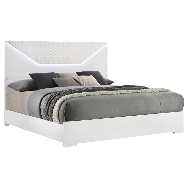 Ivon Queen Bed- 3D Embossed LED Headboard- Glossy White Solid Wood