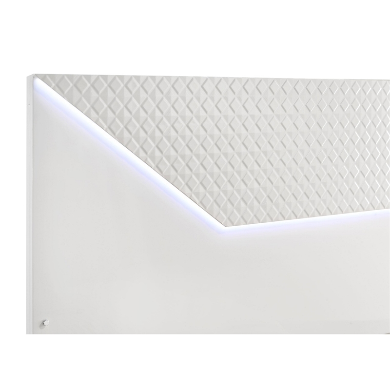 Ivon Queen Bed- 3D Embossed LED Headboard- Glossy White Solid Wood