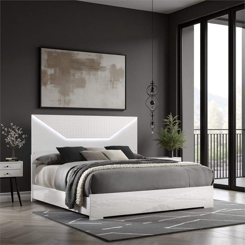 Ivon Queen Bed- 3D Embossed LED Headboard- Glossy White Solid Wood