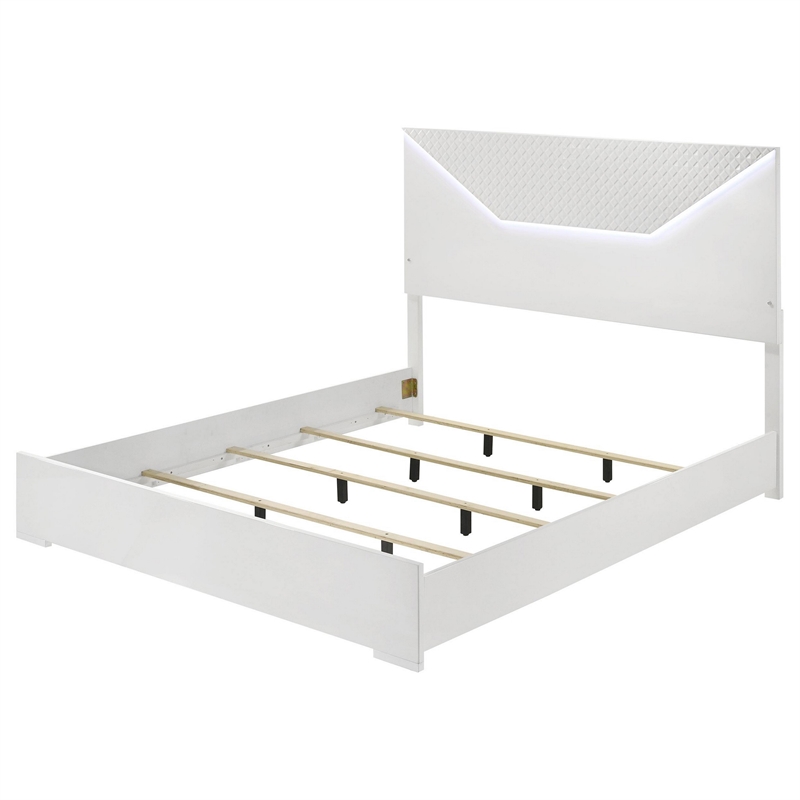 Ivon King Bed- 3D Embossed LED Headboard- Glossy White Solid Wood