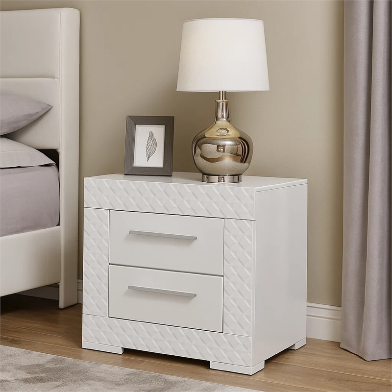 Ivon Nightstand- 2 Drawers- 26 Inch Modern Glossy White Solid Hardwood