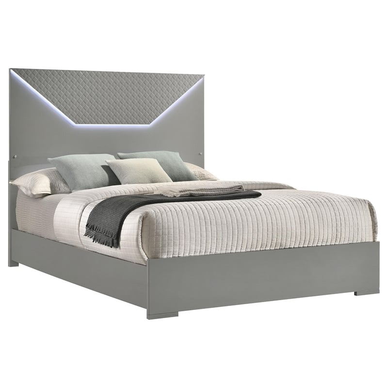 Ivon King Size Bed- 3D Embossed LED Headboard- Gray Solid Hardwood