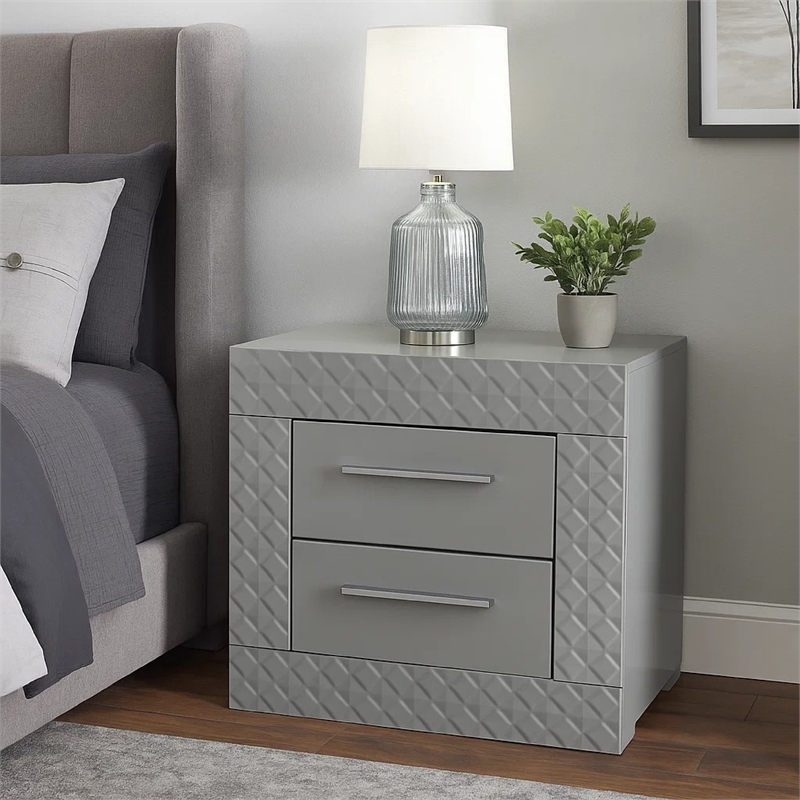 Ivon Nightstand- 2 Storage Drawers- 26 Inch Glossy Gray Hardwood