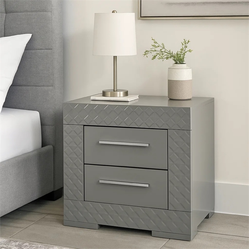 Ivon Nightstand- 2 Storage Drawers- 26 Inch Glossy Gray Hardwood
