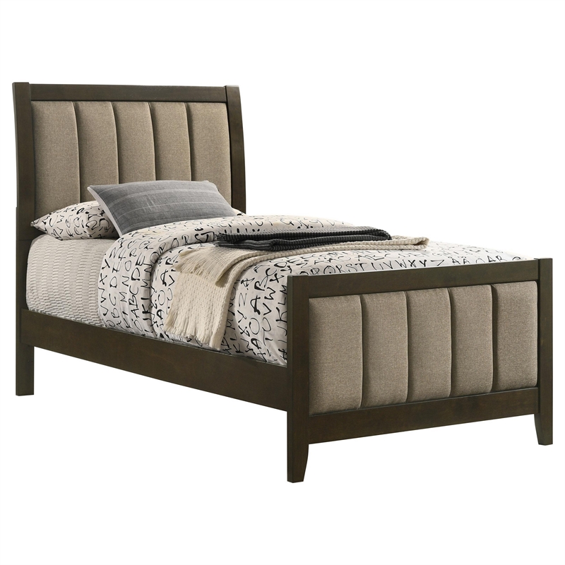 Wily Twin Size Bed- Channel Tufted Upholstered Headboard- Dark Brown