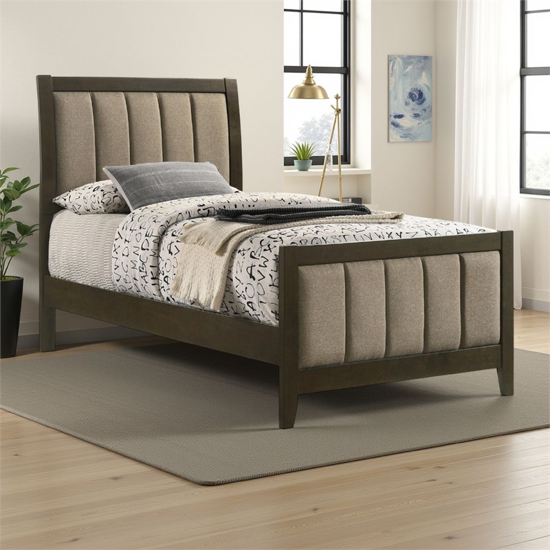Wily Twin Size Bed- Channel Tufted Upholstered Headboard- Dark Brown