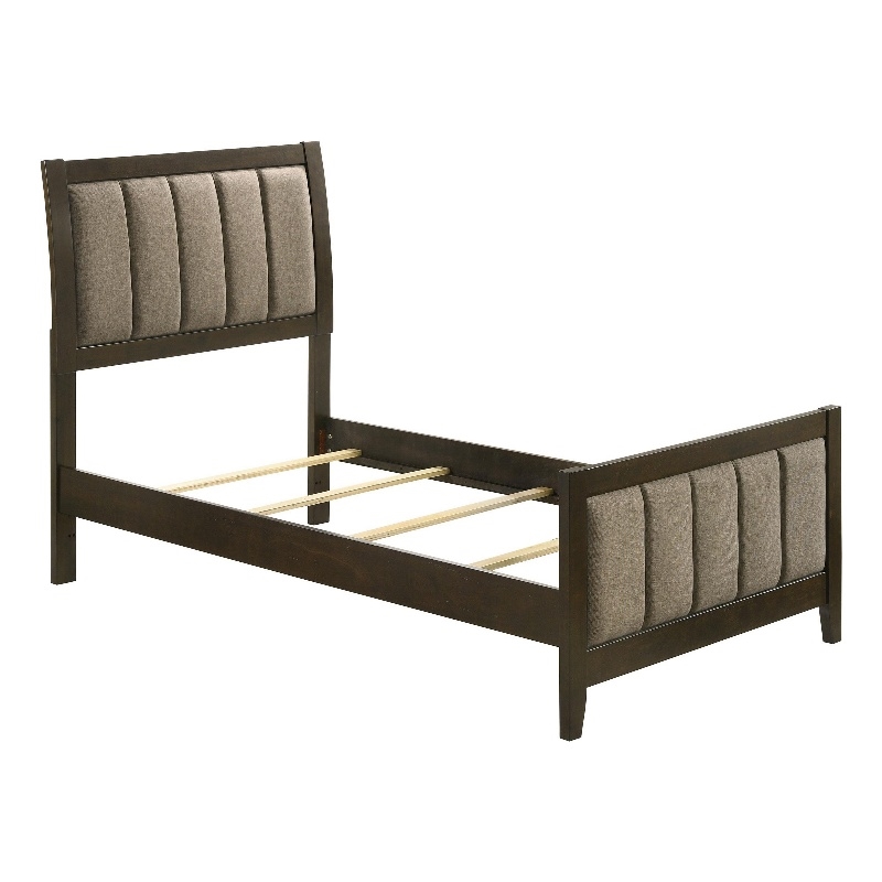 Wily Twin Size Bed- Channel Tufted Upholstered Headboard- Dark Brown