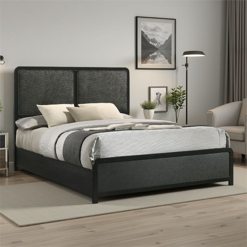 Cavy Queen Size Bed- Channel Tufted Upholstered Headboard- Black Gray