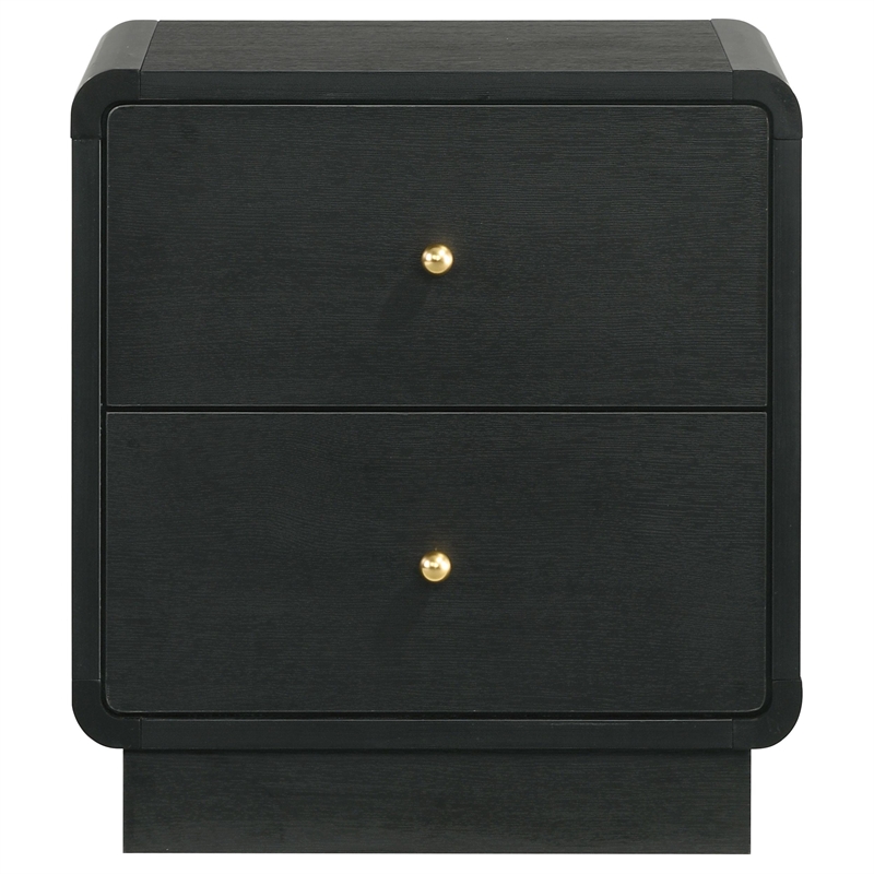 Cavy Nightstand- 2 Storage Drawers- Black Wood- Round Gold Knobs