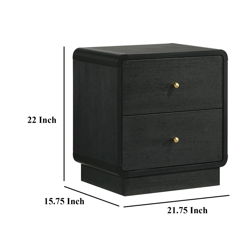 Cavy Nightstand- 2 Storage Drawers- Black Wood- Round Gold Knobs