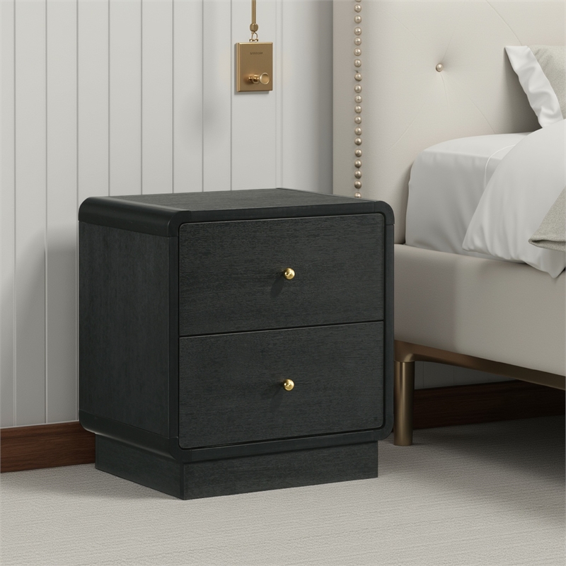 Cavy Nightstand- 2 Storage Drawers- Black Wood- Round Gold Knobs