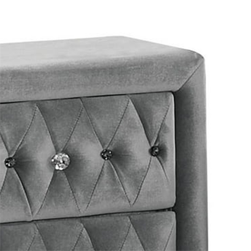 Rea Nightstand-26 Inch-2 Drawers-Button Tufted Gray Fabric